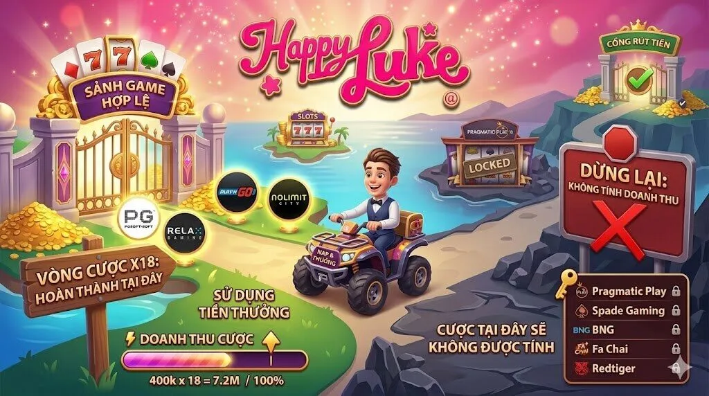 Lộ trình hoàn thành điều kiện doanh thu vòng cược x18 và hướng dẫn chọn sảnh game Slots hợp lệ tại Happyluke