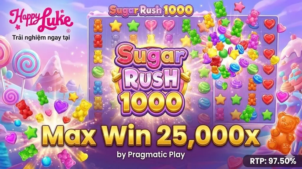 Đánh giá game slot Sugar Rush 1000 của Pragmatic Play tại nhà cái Happyluke. Hình ảnh hiển thị Max Win 25,000x và RTP 97.50% trên nền vương quốc kẹo ngọt 3D.