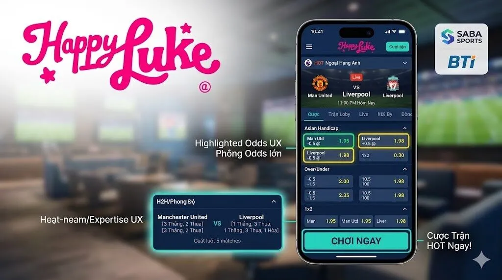 Giao diện sảnh cá cược thể thao Happyluke tối ưu trên điện thoại di động với tỷ lệ kèo cạnh tranh.