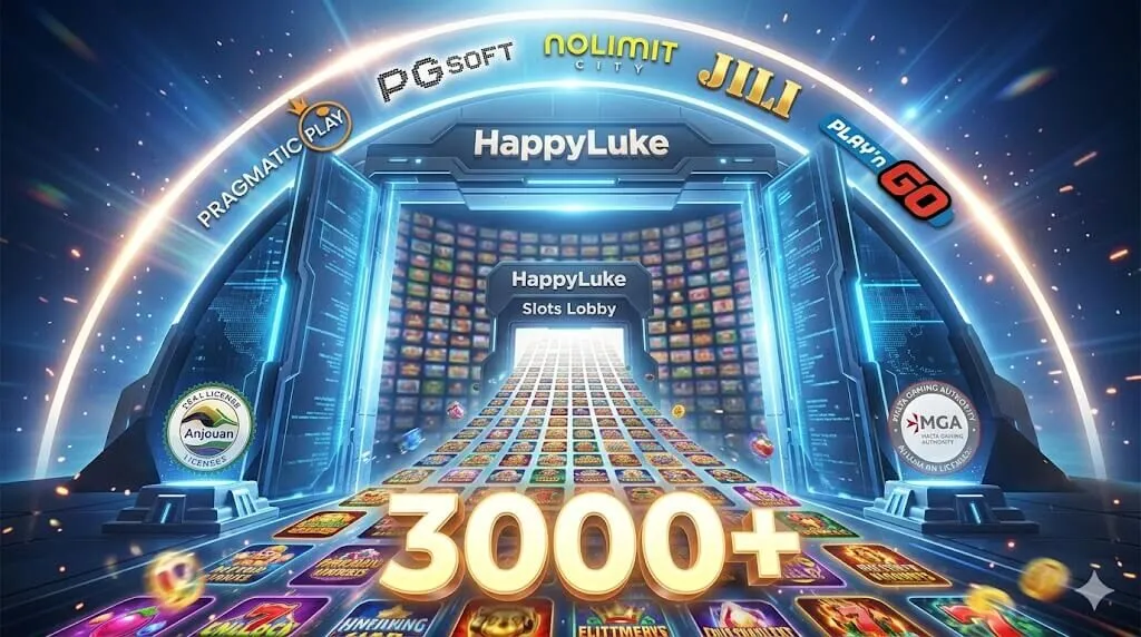 Đồ họa 3D cánh cổng nổ hũ Happyluke dẫn vào sảnh game slots khổng lồ với hơn 3000 trò chơi, hợp tác cùng Pragmatic Play và PGSoft, được cấp phép bởi Anjouan và MGA.