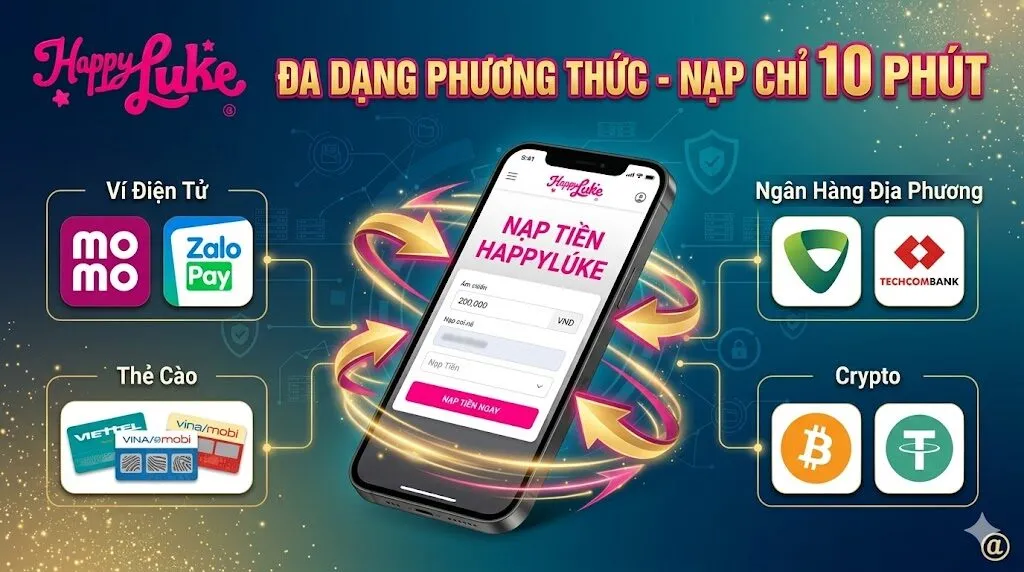 Hướng dẫn gửi tiền Happyluke siêu tốc trên điện thoại di động, hỗ trợ đa dạng cổng thanh toán như ngân hàng địa phương, ví điện tử Momo, ZaloPay và tiền mã hóa Crypto.