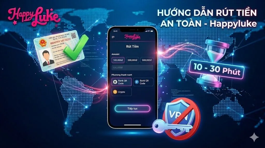 Hướng dẫn quy trình rút tiền an toàn tại Happyluke trên giao diện điện thoại, bao gồm yêu cầu xác minh danh tính CCCD, thời gian xử lý nhanh 10 đến 30 phút và lưu ý cấm sử dụng VPN giả mạo IP.