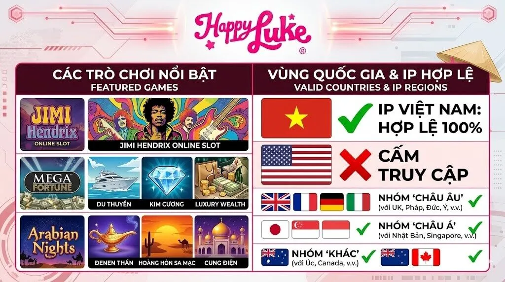 Infographic trực quan danh sách các quốc gia và khu vực IP hợp lệ khi chơi game bản quyền tại Happyluke, trong đó IP Việt Nam được hỗ trợ 100% và IP Hoa Kỳ bị cấm truy cập.