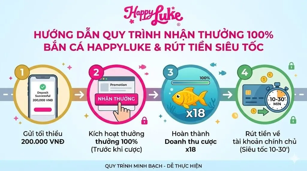Sơ đồ 4 bước chi tiết hướng dẫn cách kích hoạt thưởng 100% bắn cá, hoàn thành doanh thu x18 và quy trình rút tiền siêu tốc về tài khoản chính chủ tại HappyLuke.