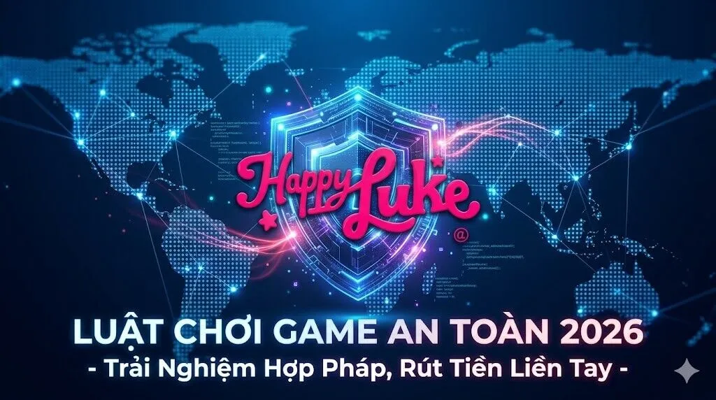 Hình ảnh minh họa luật chơi game an toàn tại nhà cái Happyluke năm 2026 với biểu tượng khiên bảo mật không gian mạng, nhấn mạnh trải nghiệm hợp pháp và bảo vệ tài khoản người chơi.