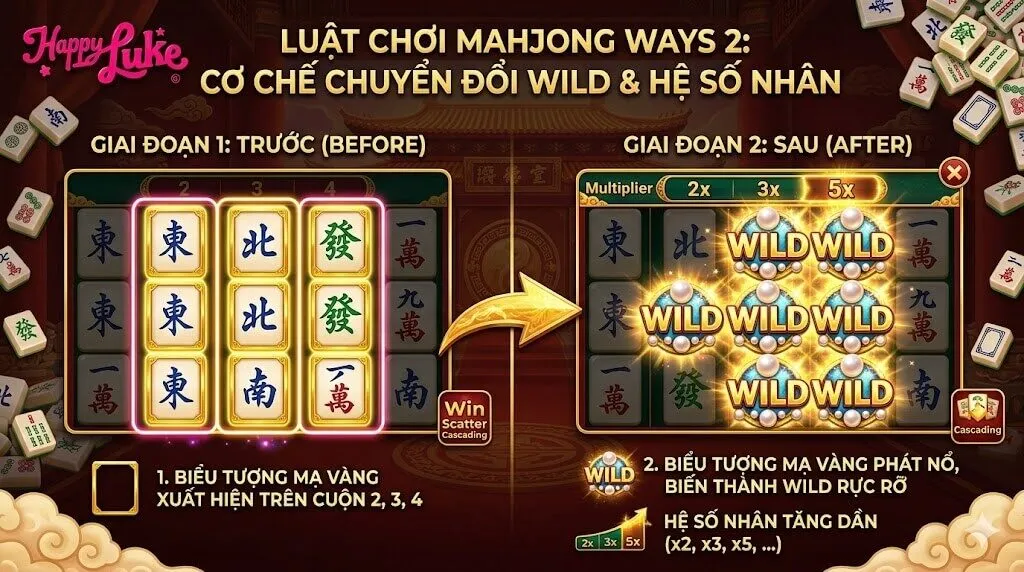 Hướng dẫn luật chơi Mahjong Ways 2 chi tiết cơ chế chuyển đổi biểu tượng mạ vàng thành Wild và hệ số nhân.