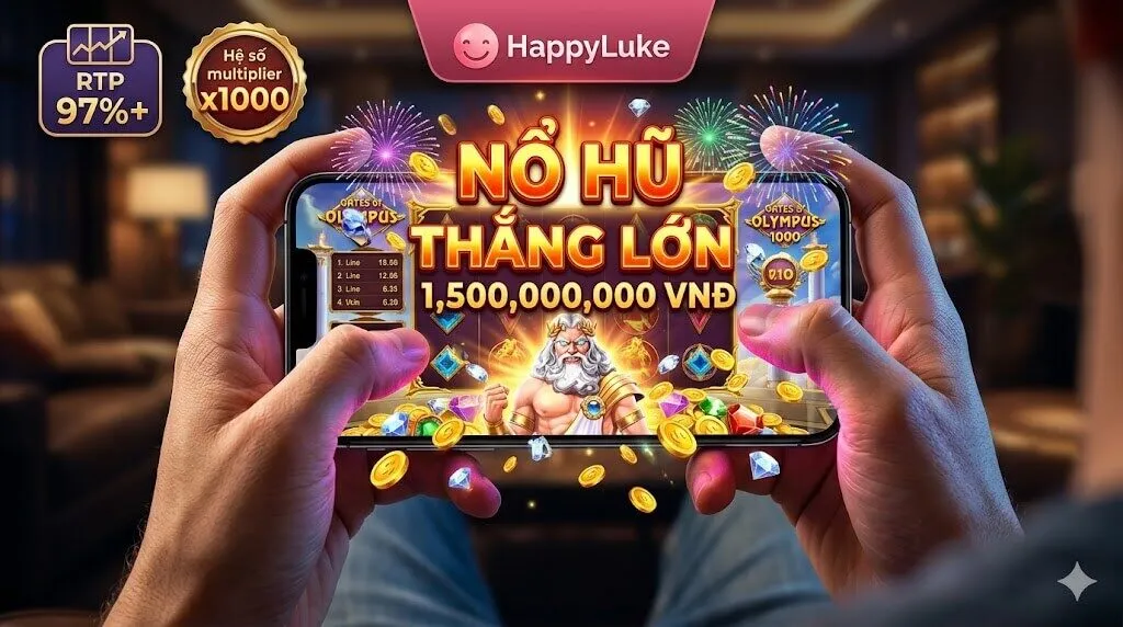 Góc nhìn người chơi cầm điện thoại thông minh modern đang hiển thị màn hình 'NỔ HŨ' hoặc 'THẮNG LỚN' rực rỡ tại Happyluke với hiệu ứng pháo hoa, tiền vàng, biểu tượng nhân vật Zeus chúc mừng và RTP 97%+ cùng hệ số multiplier x1000.