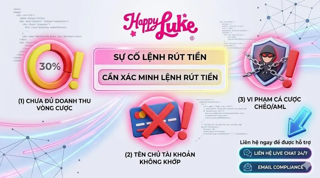 Hình ảnh minh họa 3 nguyên nhân phổ biến khiến lệnh rút tiền Happyluke bị từ chối như chưa đủ điều kiện vòng cược, sai thông tin ngân hàng, vi phạm AML và cách liên hệ CSKH hỗ trợ.